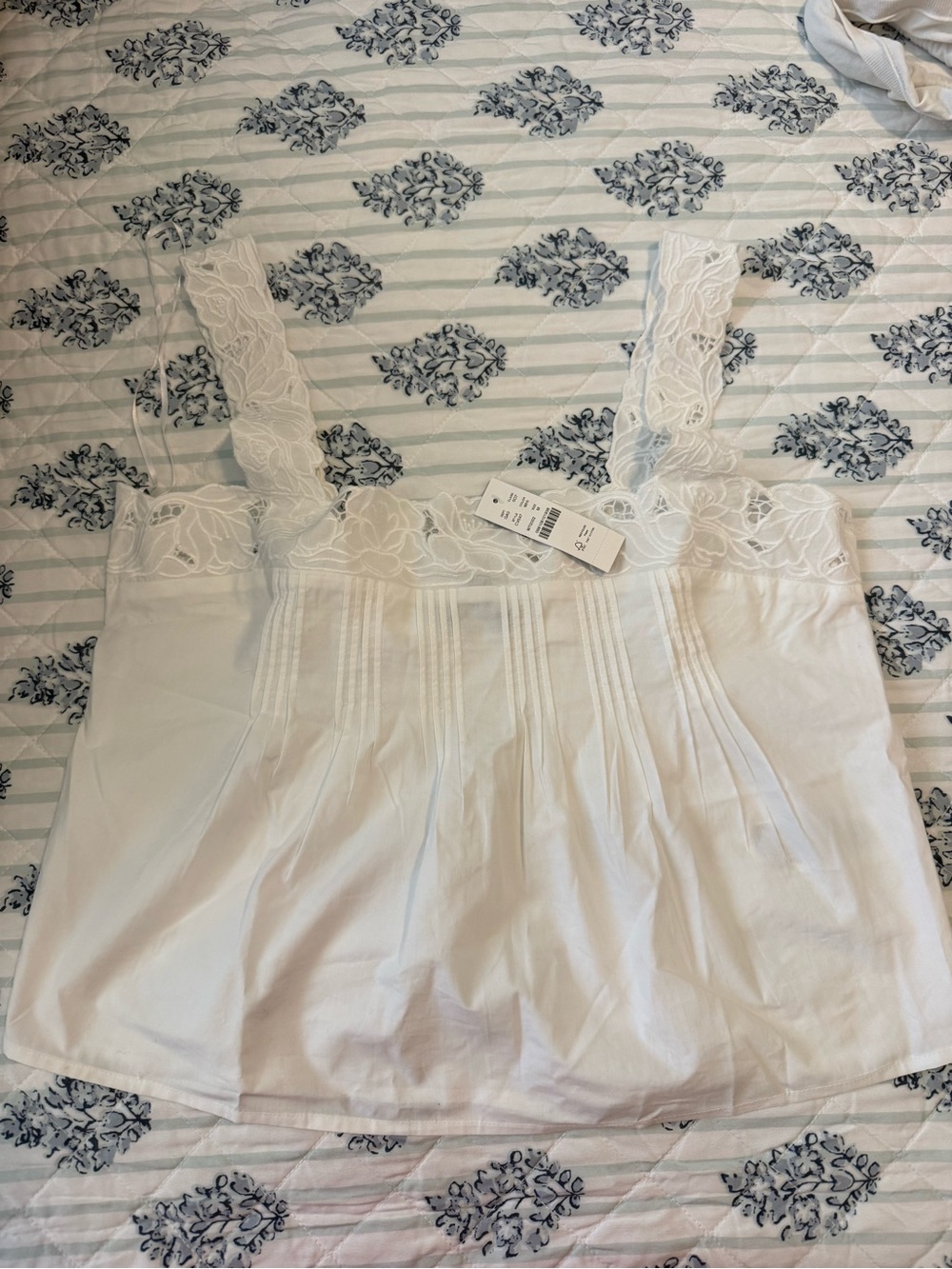 J. Crew White Lace-Trim Pintuck Cami Tank